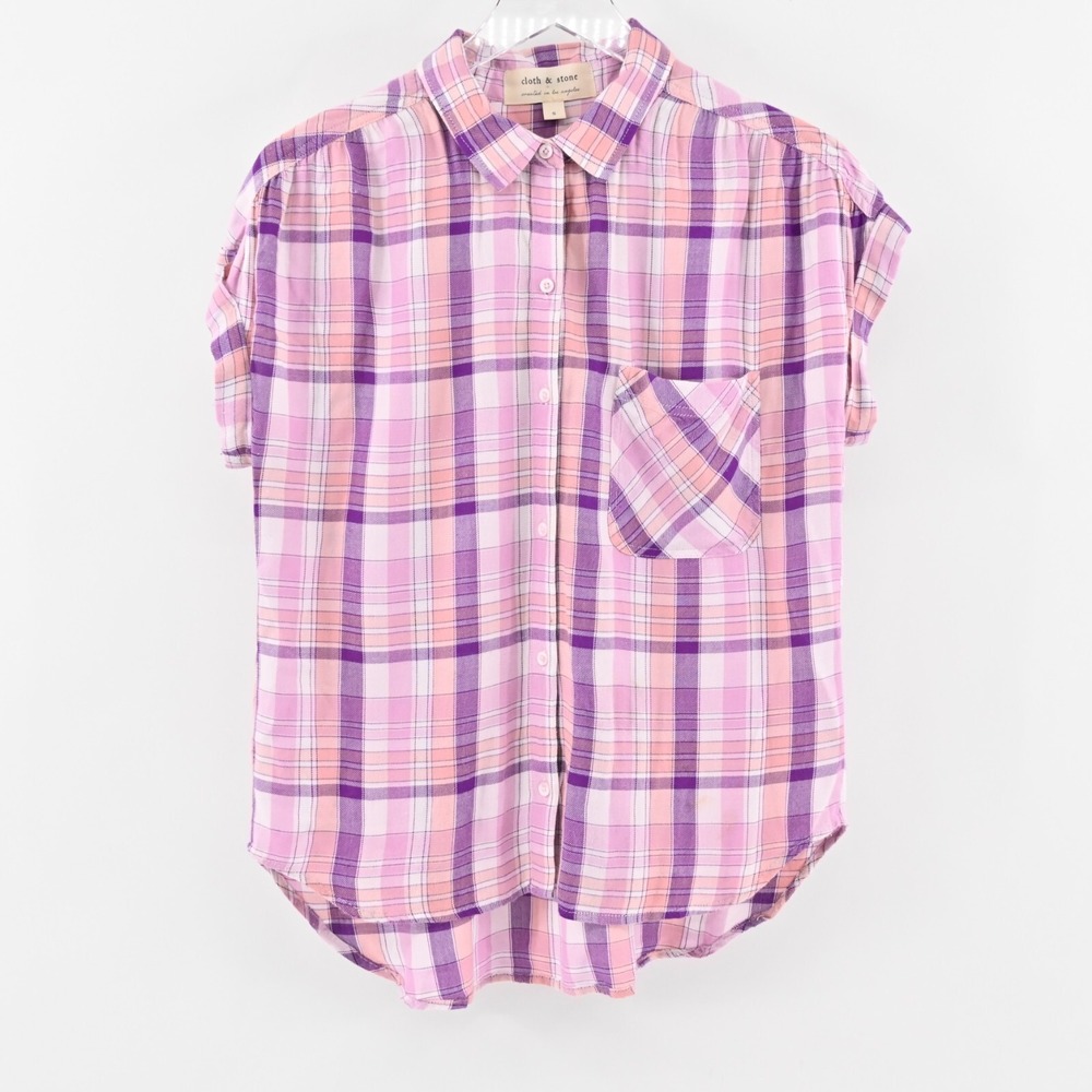 Cloth & Stone Plaid Button Front Top Womens Size S Pink Purple Western Preppy